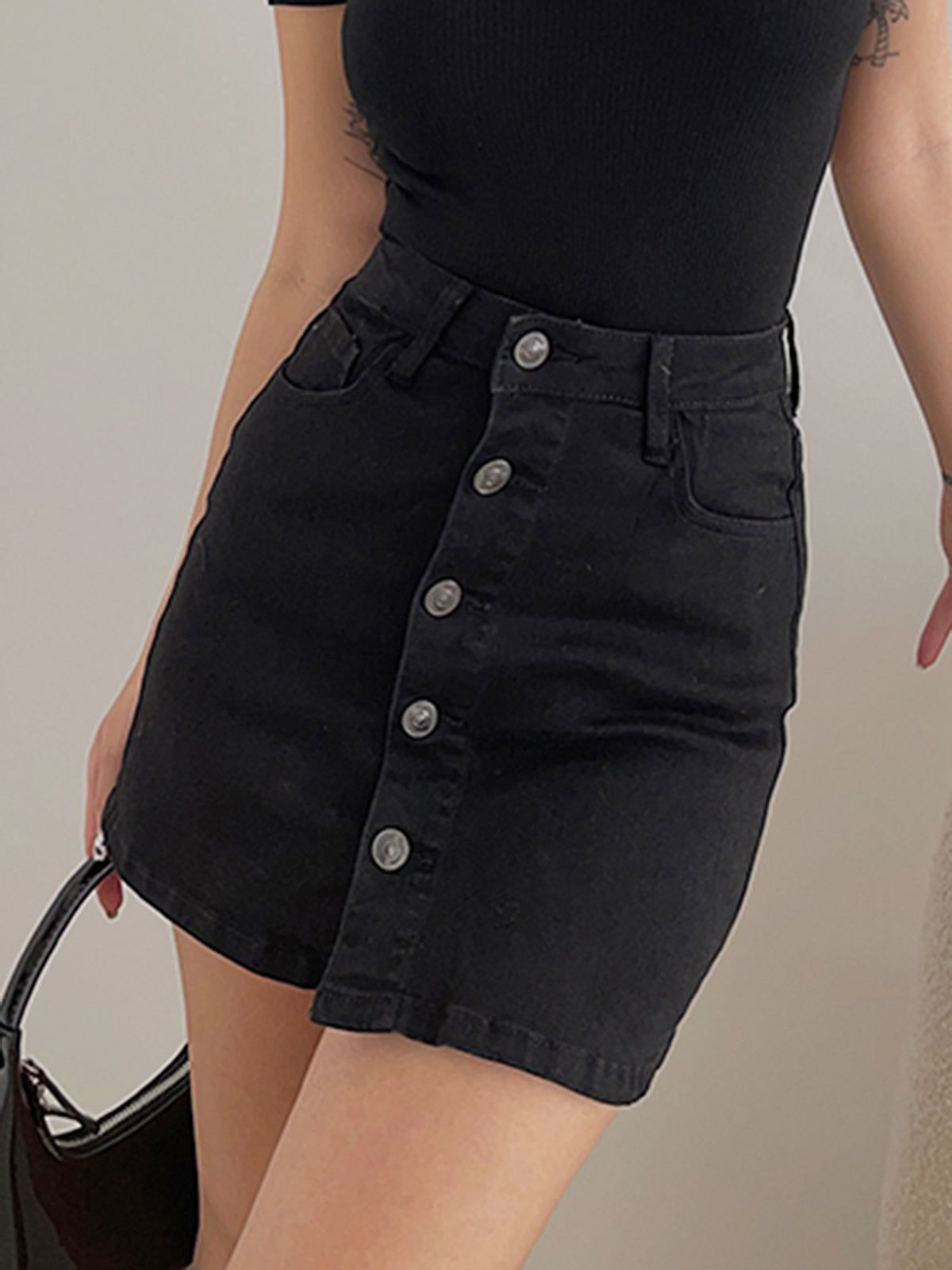 Button Up Black Denim Skort sold by COMMENSE product image thumbnail 2