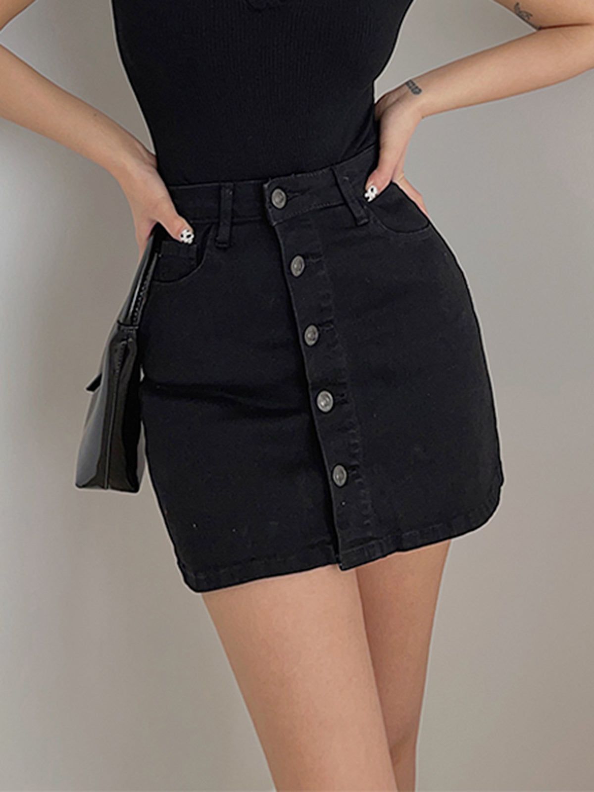 Button Up Black Denim Skort sold by COMMENSE product image thumbnail 4