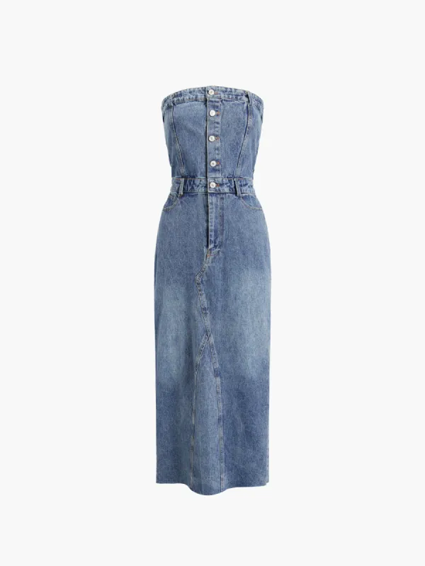 Denim Strapless Tube Midi Jean Dress sold by COMMENSE