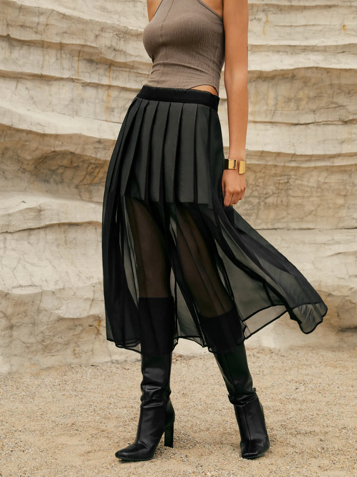 Pleated Double-Layered Mesh Midi Skirt sold by COMMENSE product image thumbnail 4