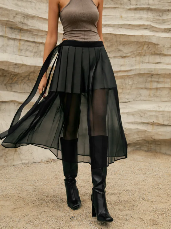 Pleated Double-Layered Mesh Midi Skirt sold by COMMENSE