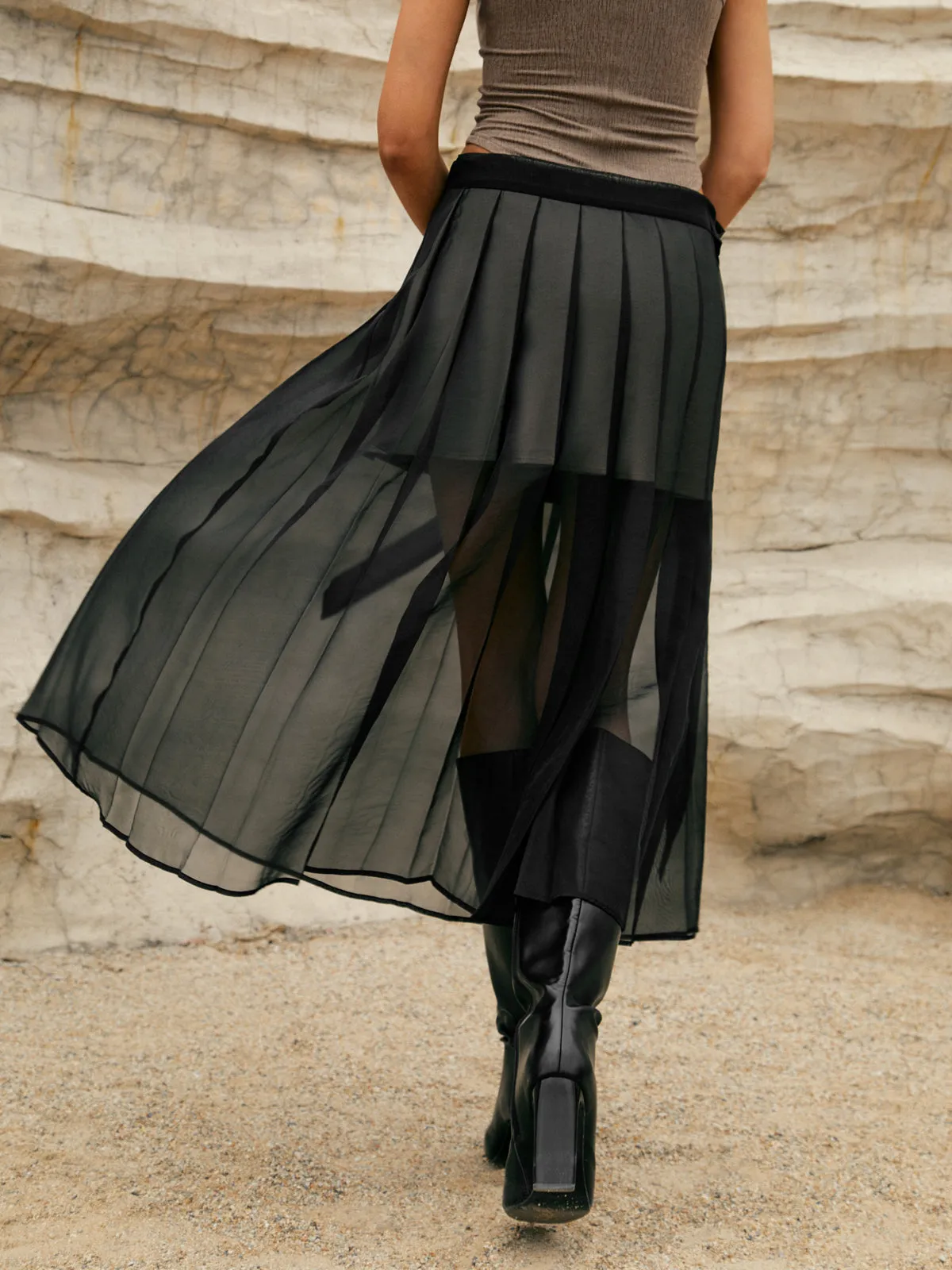 Pleated Double-Layered Mesh Midi Skirt sold by COMMENSE product image thumbnail 5