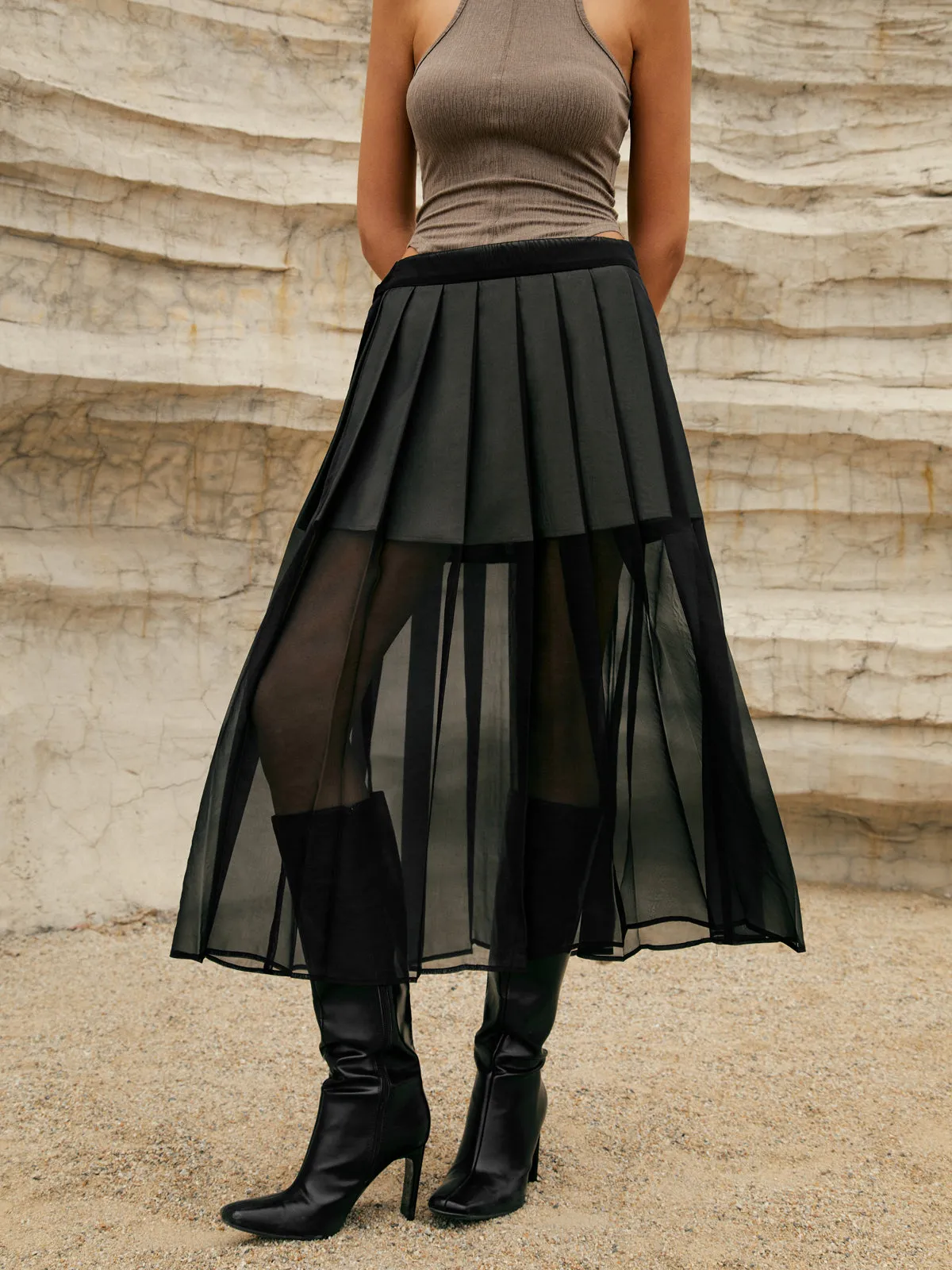 Pleated Double-Layered Mesh Midi Skirt sold by COMMENSE product image thumbnail 3