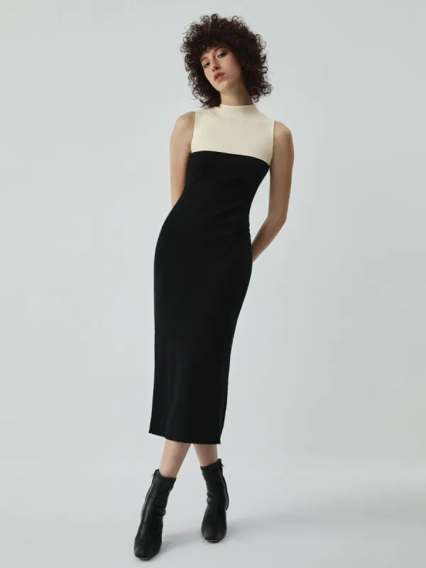 Patchwork Two Tone Mock Neck Midi Sweater Dress sold by COMMENSE