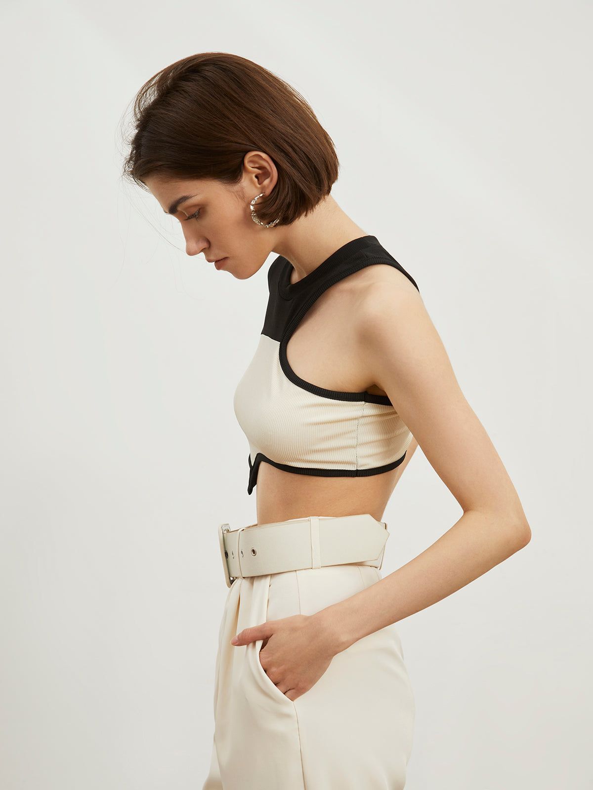 Two Tone One Sleeve Crop Top sold by COMMENSE product image thumbnail 3