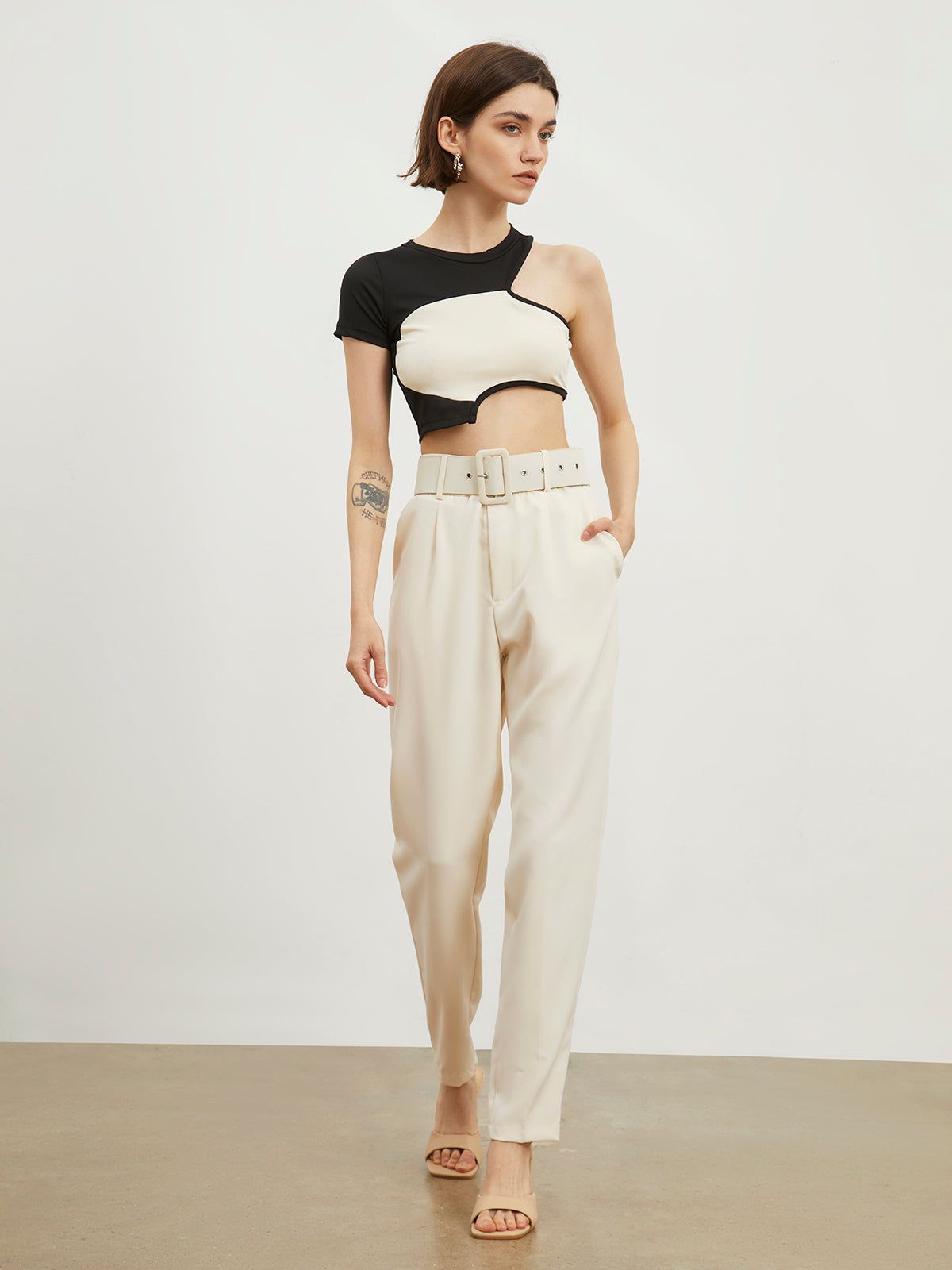 Two Tone One Sleeve Crop Top sold by COMMENSE product image thumbnail 4