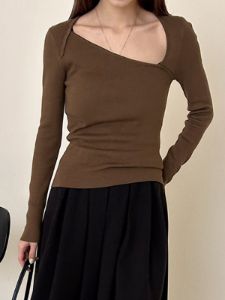 Solid Asymmetrical Neck Long Sleeve Knit Top sold by COMMENSE