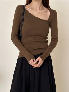 Solid Asymmetrical Neck Long Sleeve Knit Top sold by COMMENSE