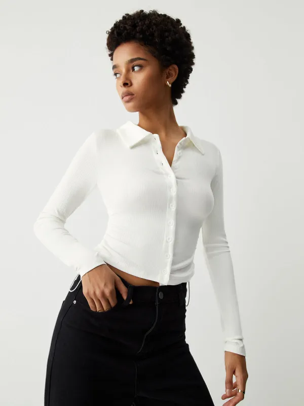 Open Collar Ruched Long Sleeve Shirt sold by COMMENSE