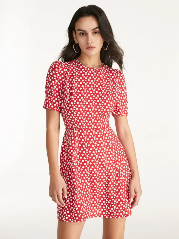 Straight Neck Short Puff Sleeve A Line Mini Dress sold by COMMENSE