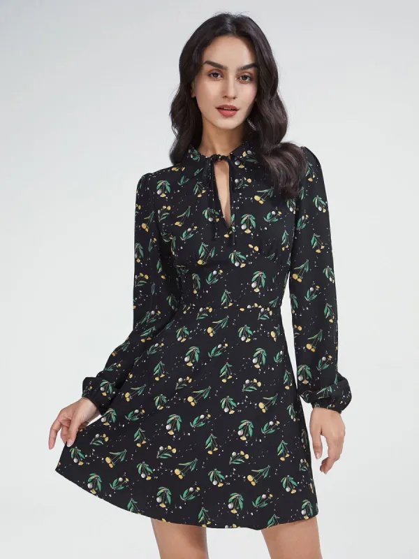 High Neck Keyhole Puff Sleeve Floral A Line Mini Dress sold by COMMENSE