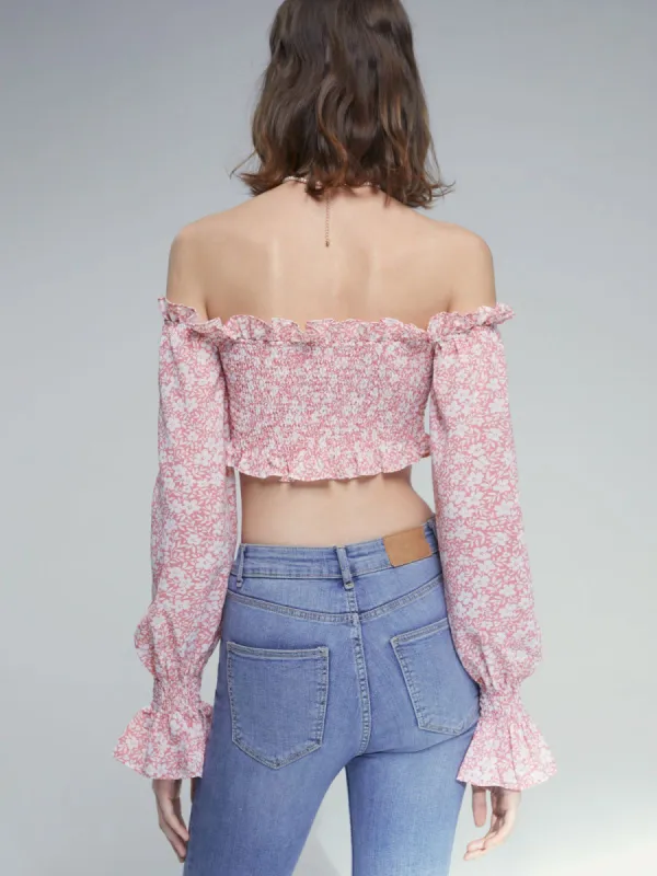 Off The Shoulder Floral Puff Sleeve Ruffle Top sold by COMMENSE