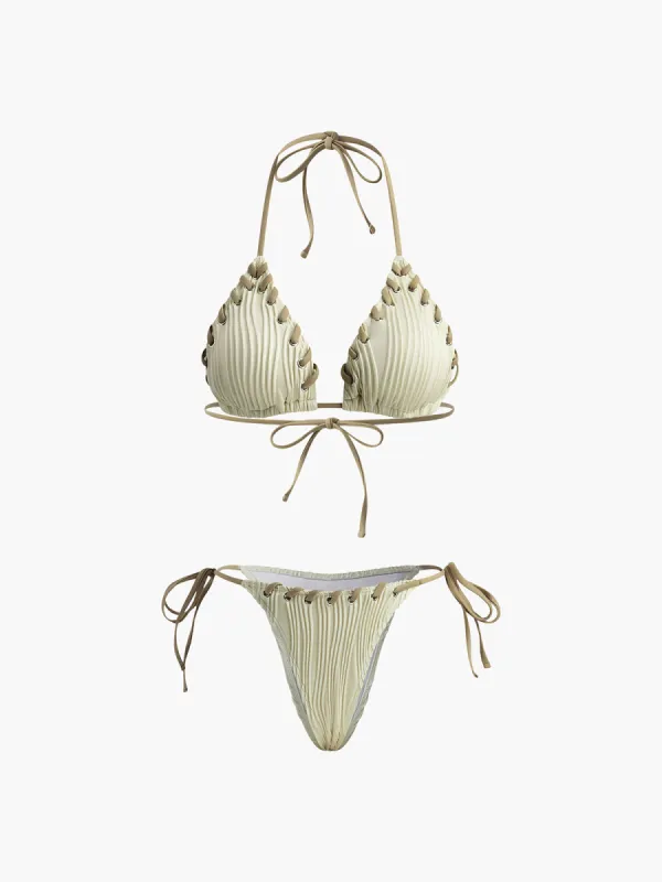 Grommet Lace-Up Ruched Bikini Set sold by COMMENSE
