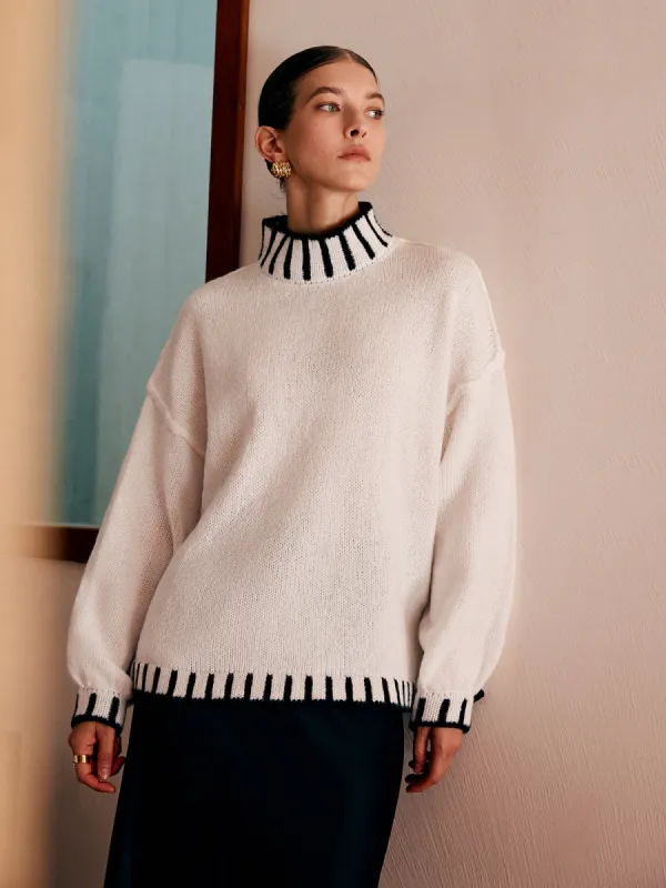 Stand Collar Embroidered Trim Sweater sold by COMMENSE