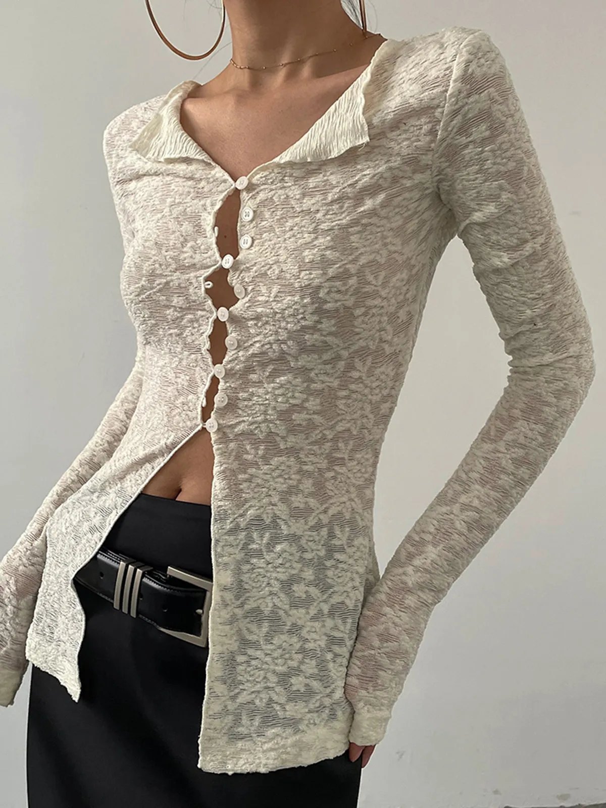 Lace Split Long Sleeve Top sold by COMMENSE