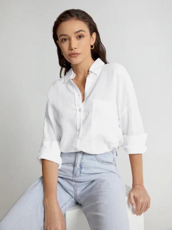 Drop Shoulder Relaxed Fit Linen Button Up Shirt sold by COMMENSE