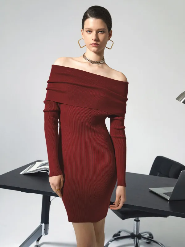 Solid Overfold Off Shoulder Ribbed Knit Mini Dress sold by COMMENSE