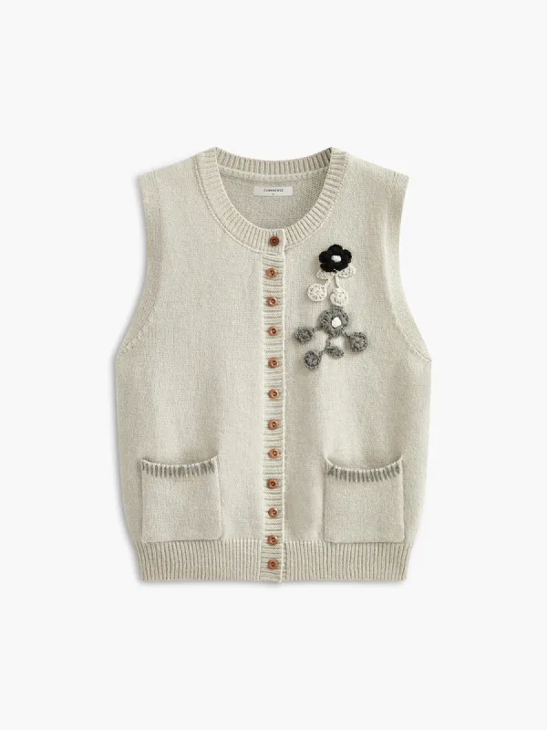 Floral Embroiled Pockets Knit Vest made by COMMENSE