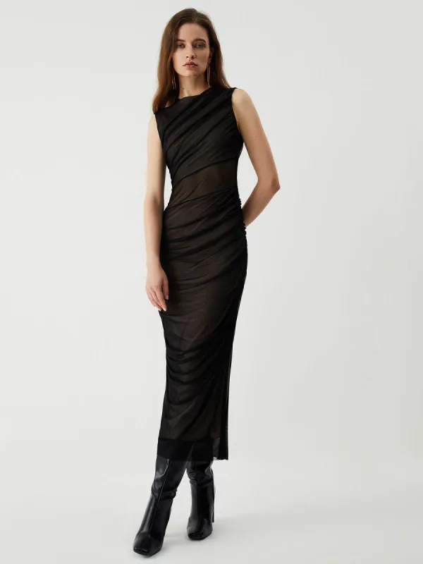 Zip Up Mesh Ruched Long Dress sold by COMMENSE