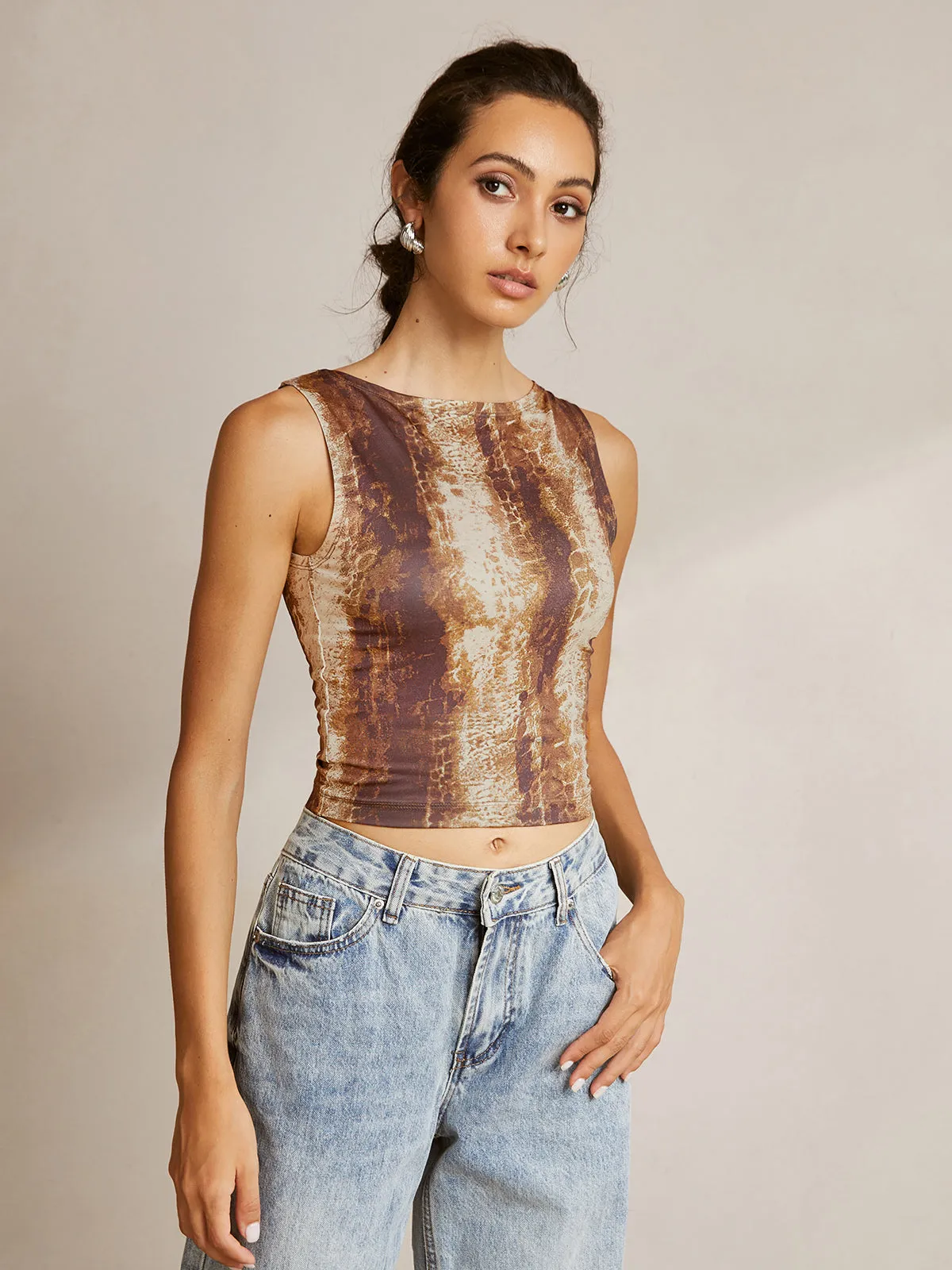 Printed Sleeveless Crew Neck Blouse sold by COMMENSE product image thumbnail 4