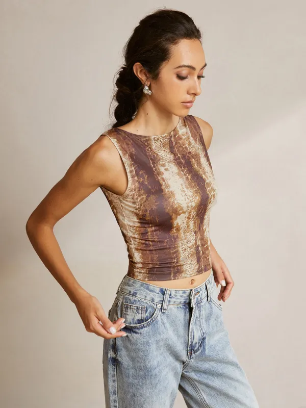 Printed Sleeveless Crew Neck Blouse sold by COMMENSE