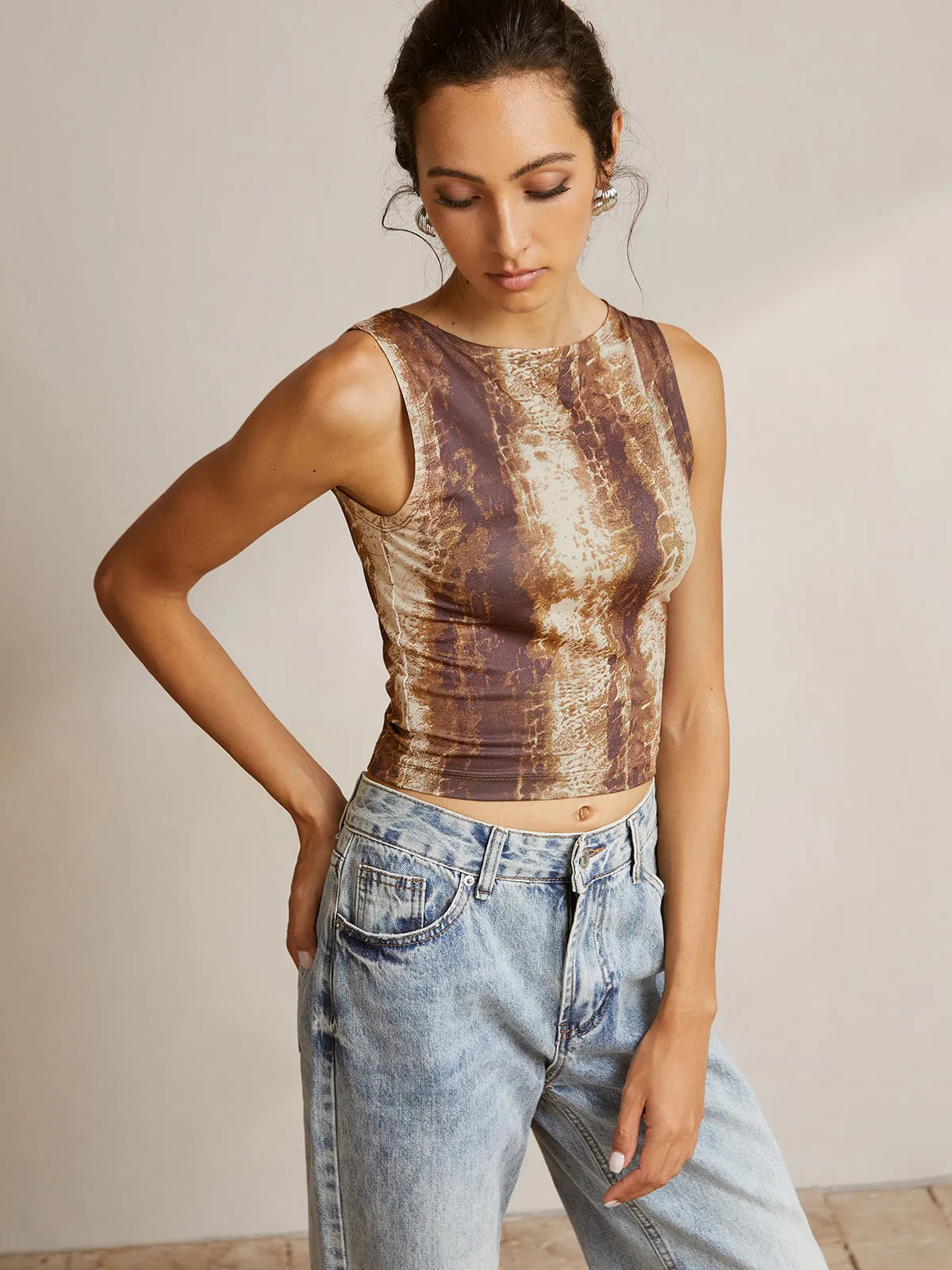 Printed Sleeveless Crew Neck Blouse sold by COMMENSE product image thumbnail 2