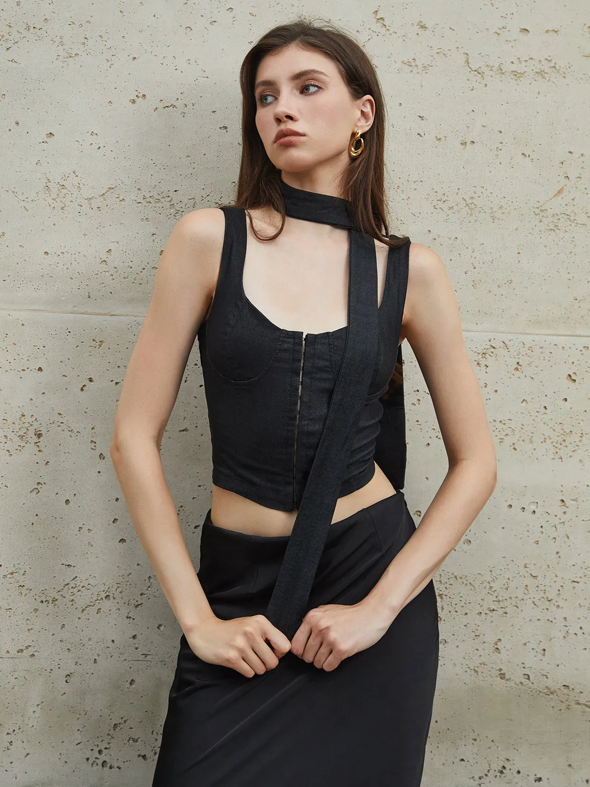 Solid Button Cami Top With Scarf sold by COMMENSE