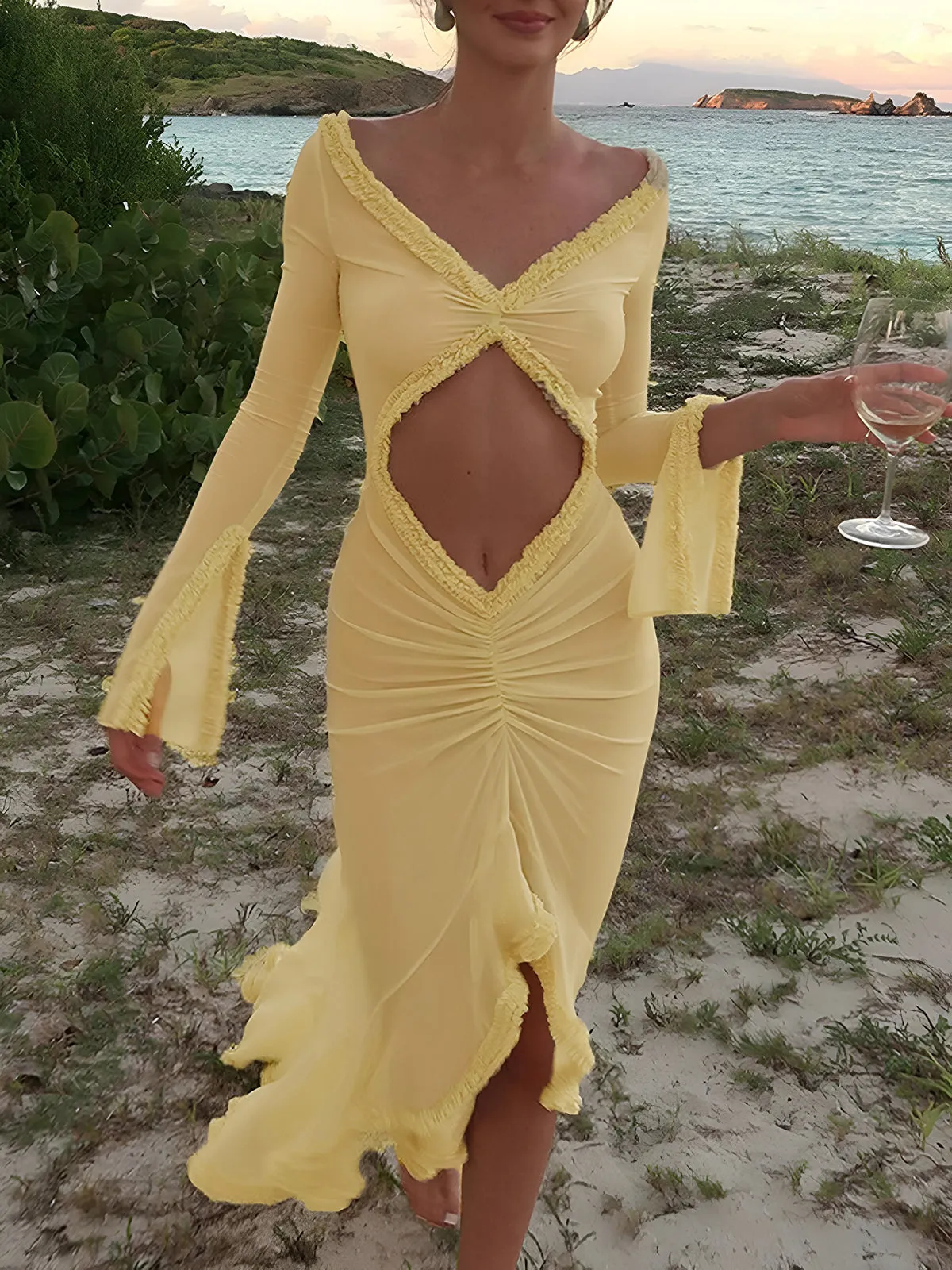 Sheer Ruffle Trim Ruched Cutout Long Dress sold by COMMENSE product image thumbnail 5