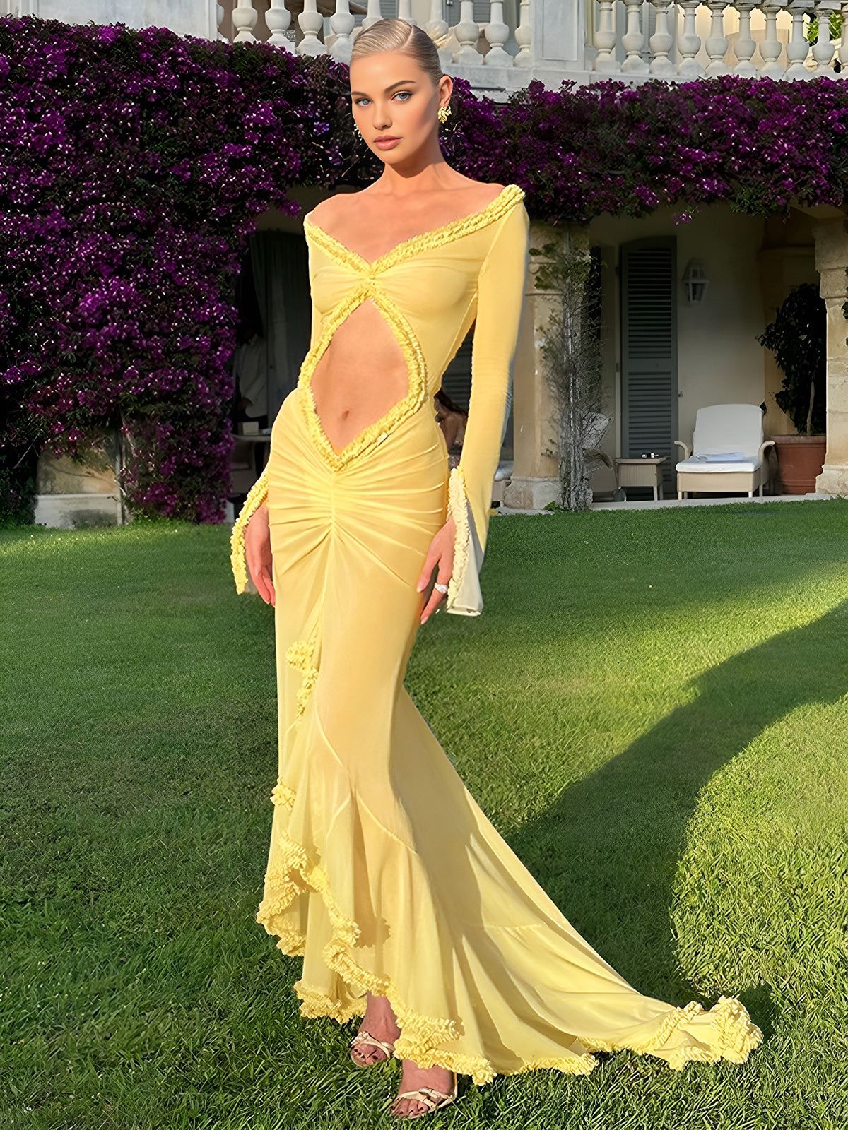 Ruffle Trim Ruched Cutout Long Dress sold by COMMENSE