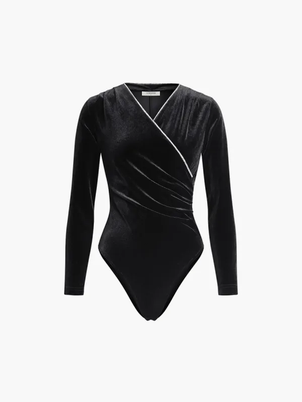 V-Neck Diamond Velvet Long Sleeve Bodysuit sold by COMMENSE