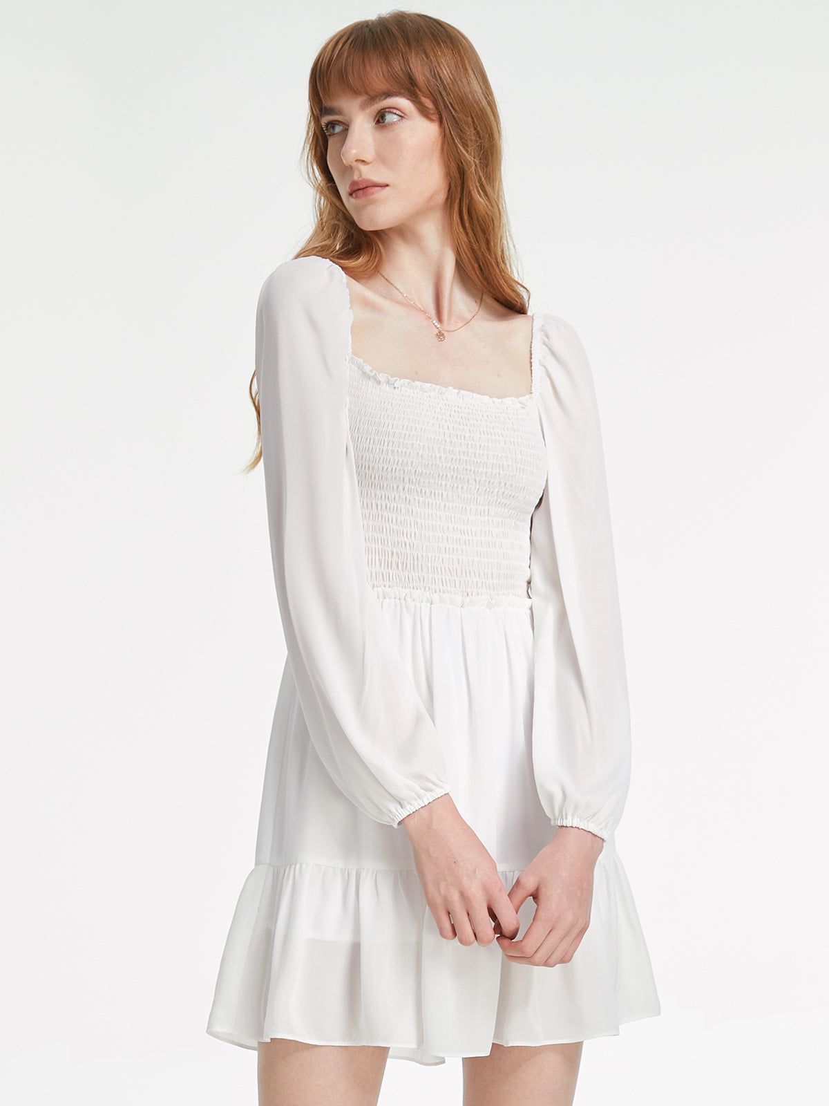 Long Sleeve Square Neck Ruche Bodice Mini Ruffle Dress sold by COMMENSE product image thumbnail 2