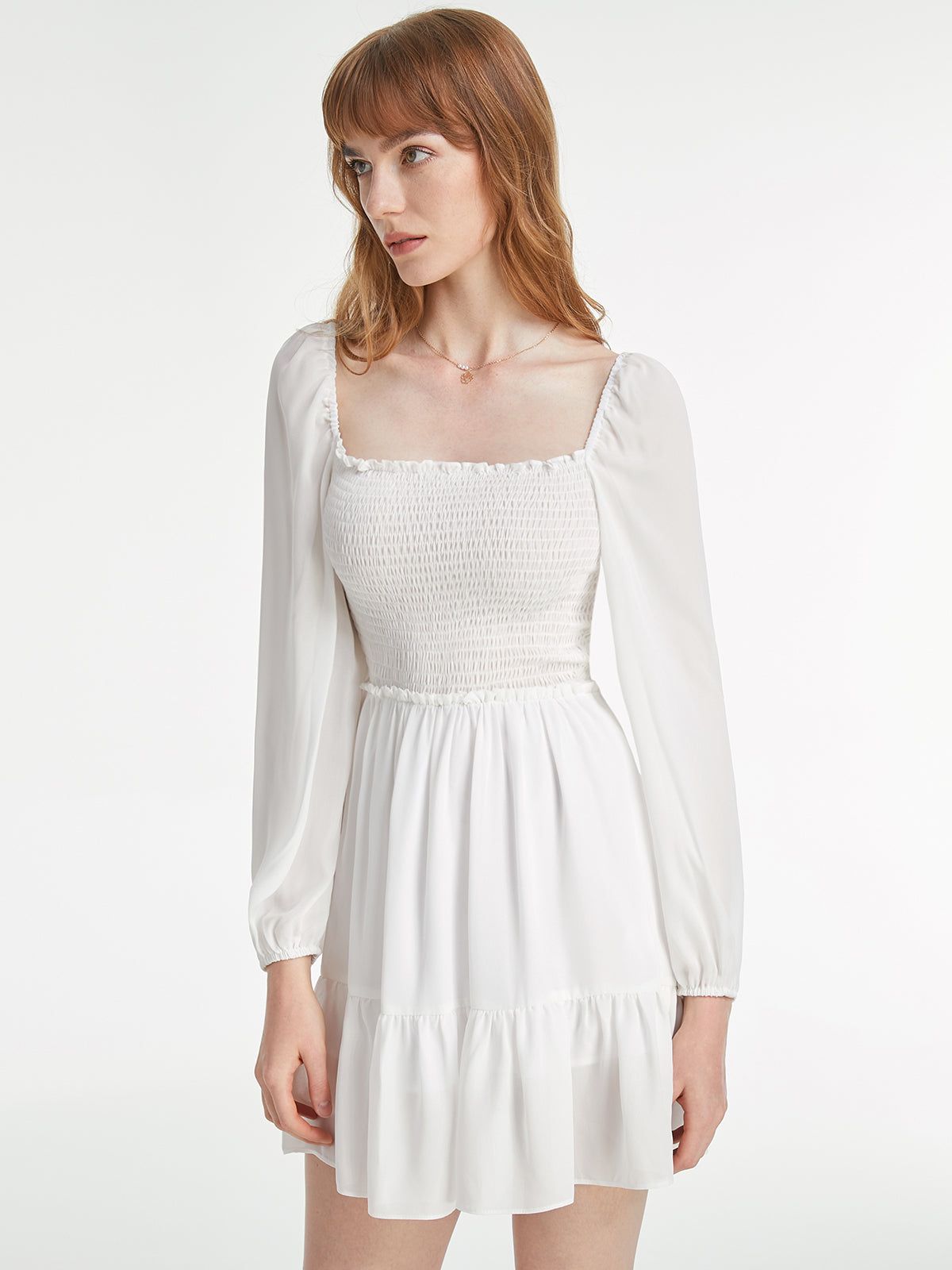 Long Sleeve Square Neck Ruche Bodice Mini Ruffle Dress sold by COMMENSE product image thumbnail 3