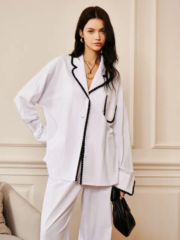 Pure Cotton Contrast Trim Lapel Shirt sold by COMMENSE