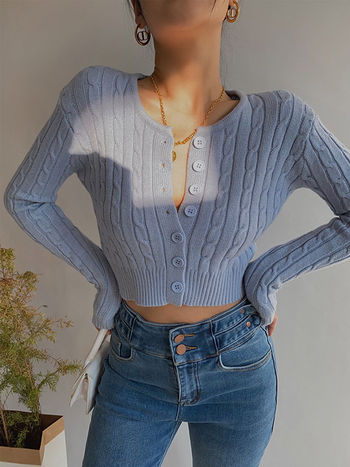 Textured Button Up Cropped Cardigan sold by COMMENSE product image thumbnail 6
