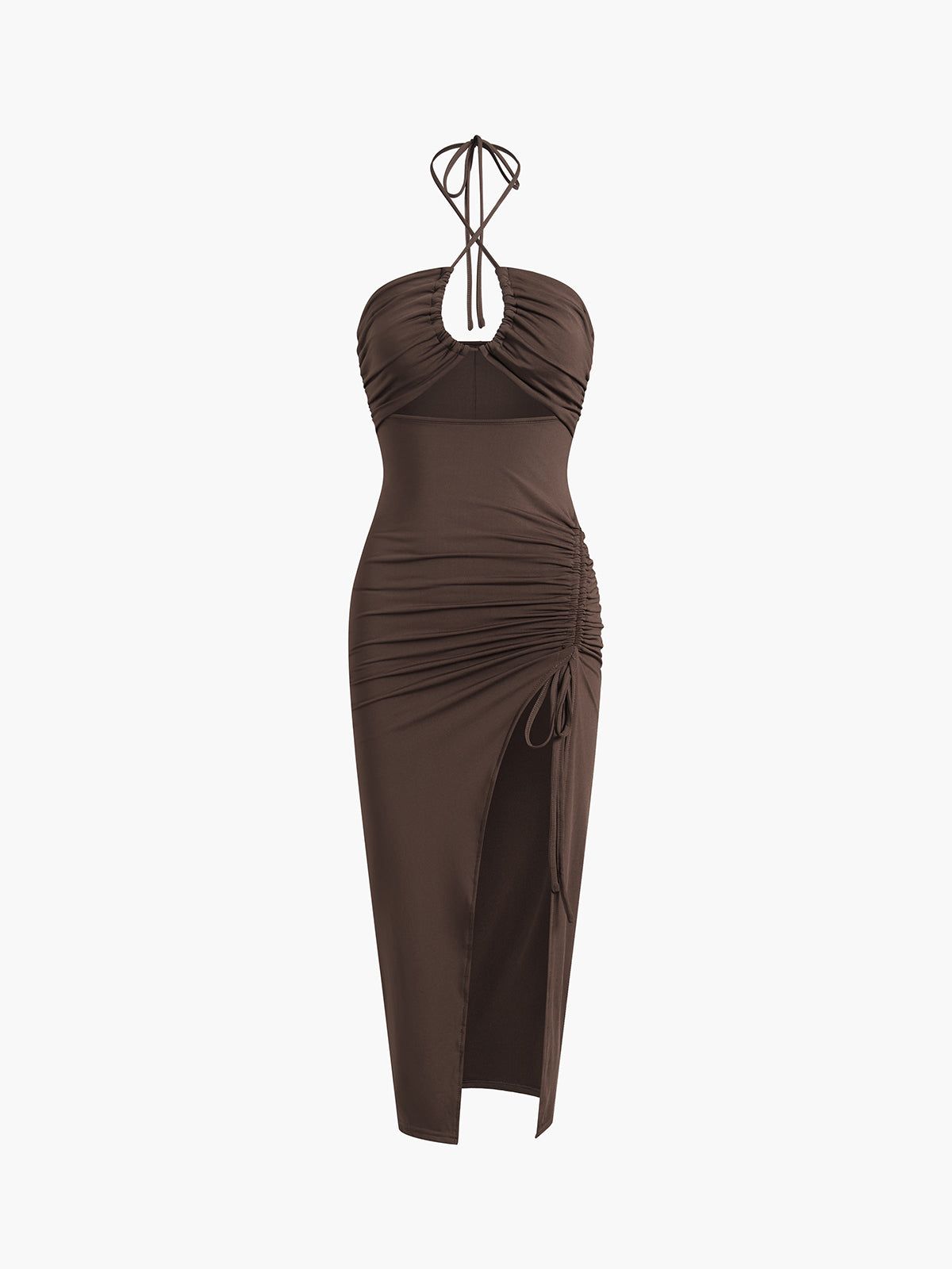 Halter Neck Ruched Drawstring Slit Midi Dress sold by COMMENSE