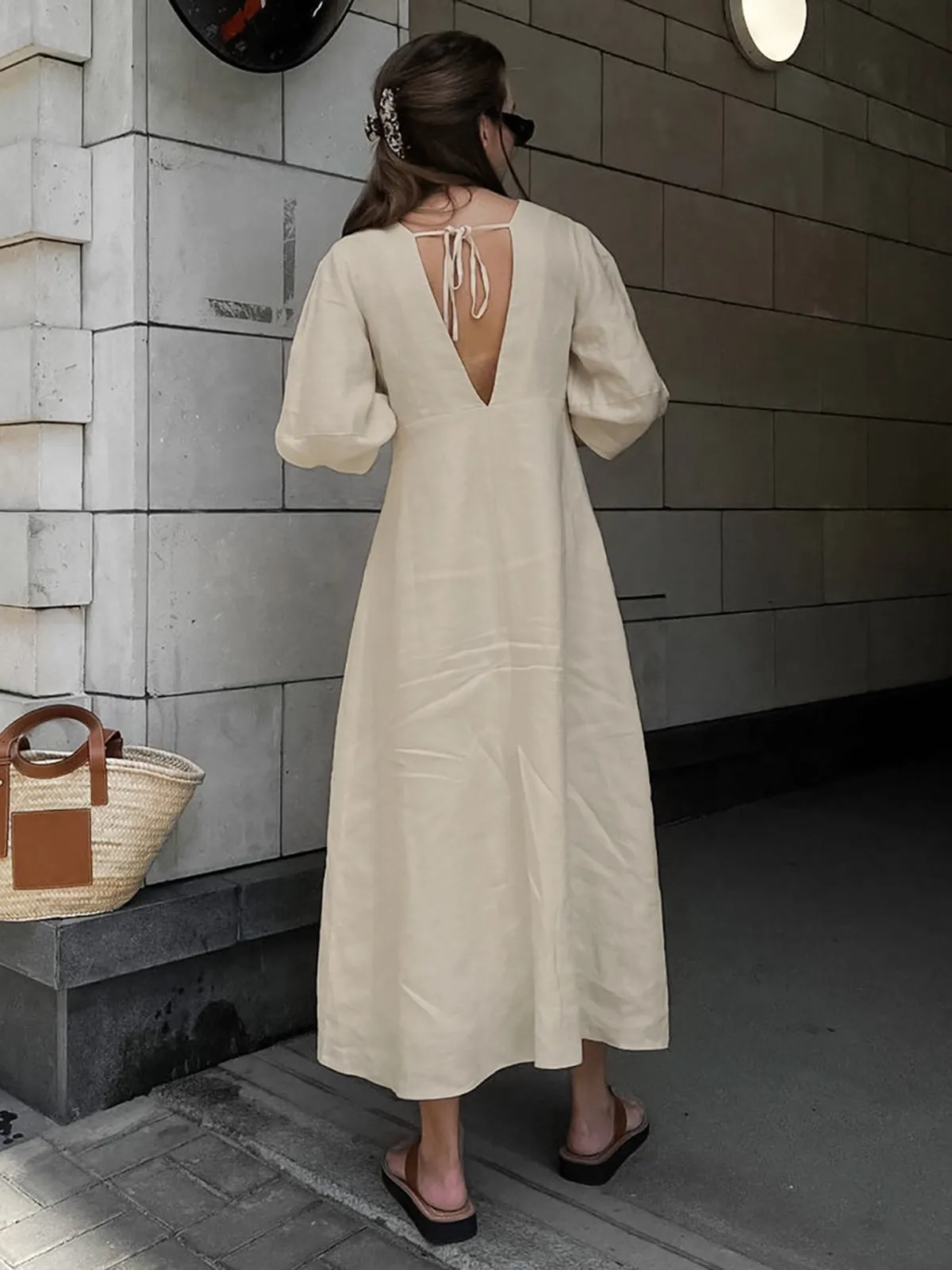 Cotton & Linen Button-Front Knotted Long Dress sold by COMMENSE product image thumbnail 4