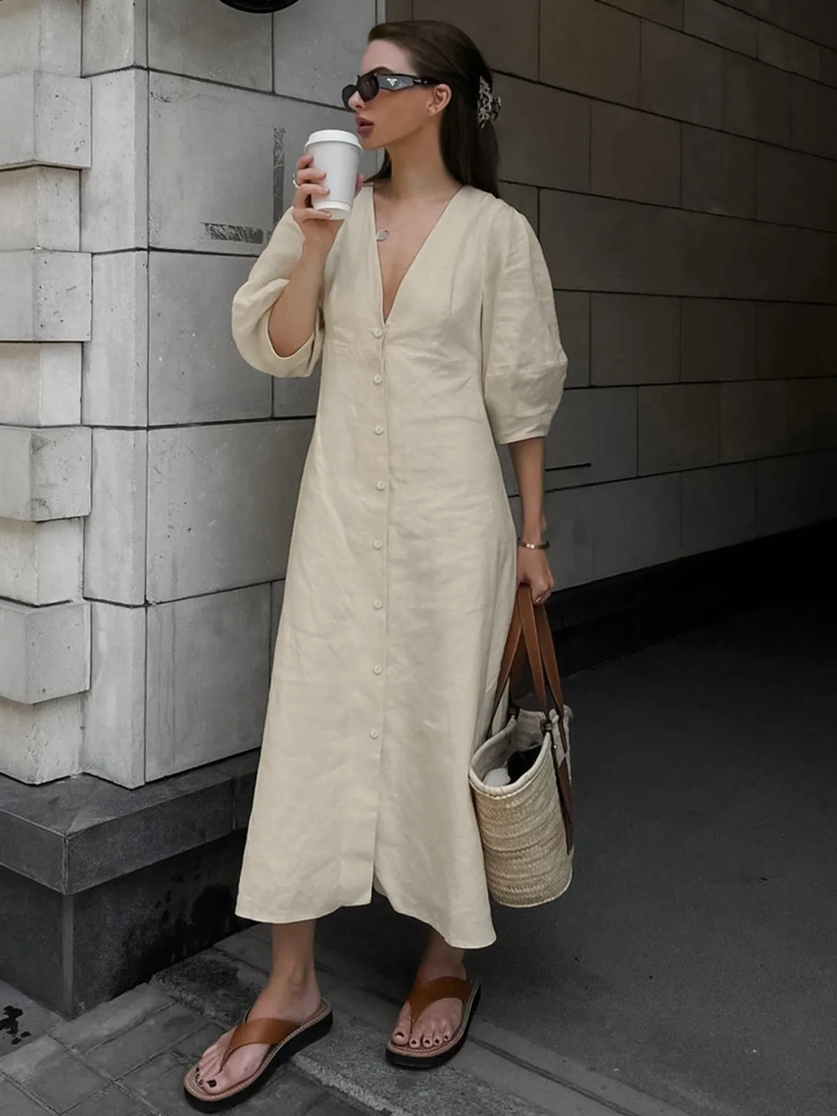 Cotton & Linen Button-Front Knotted Long Dress sold by COMMENSE