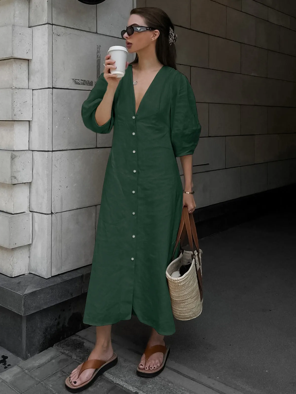 Cotton & Linen Button-Front Knotted Long Dress sold by COMMENSE product image thumbnail 5