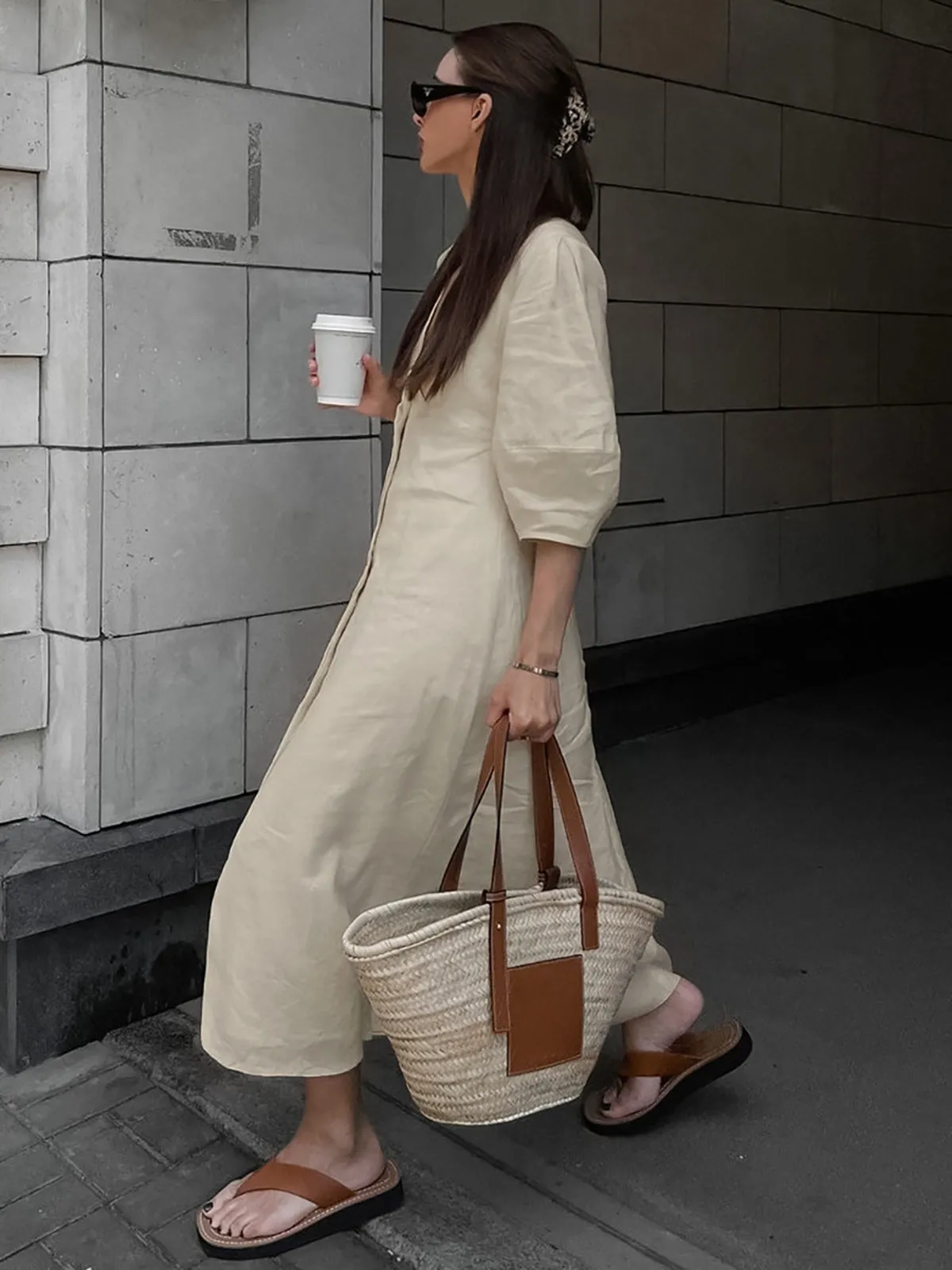 Cotton & Linen Button-Front Knotted Long Dress sold by COMMENSE product image thumbnail 2