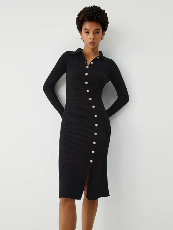Asymmetric Button Down Long Sleeve Midi Sweater Dress sold by COMMENSE