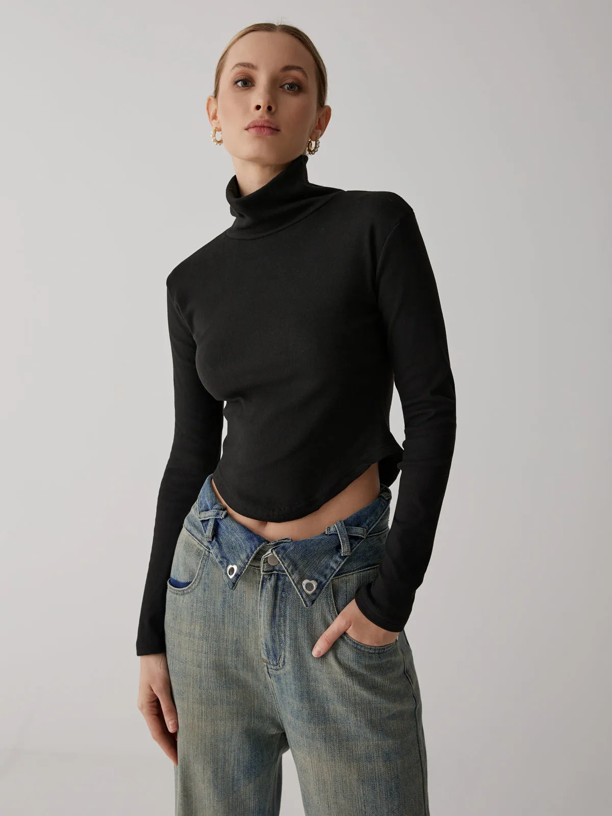 Solid High Collar Long sleeve Top sold by COMMENSE product image thumbnail 2