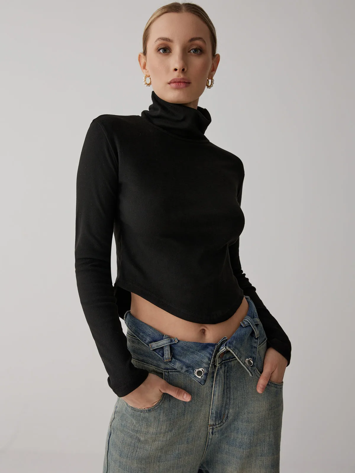 Solid High Collar Long sleeve Top sold by COMMENSE product image thumbnail 4