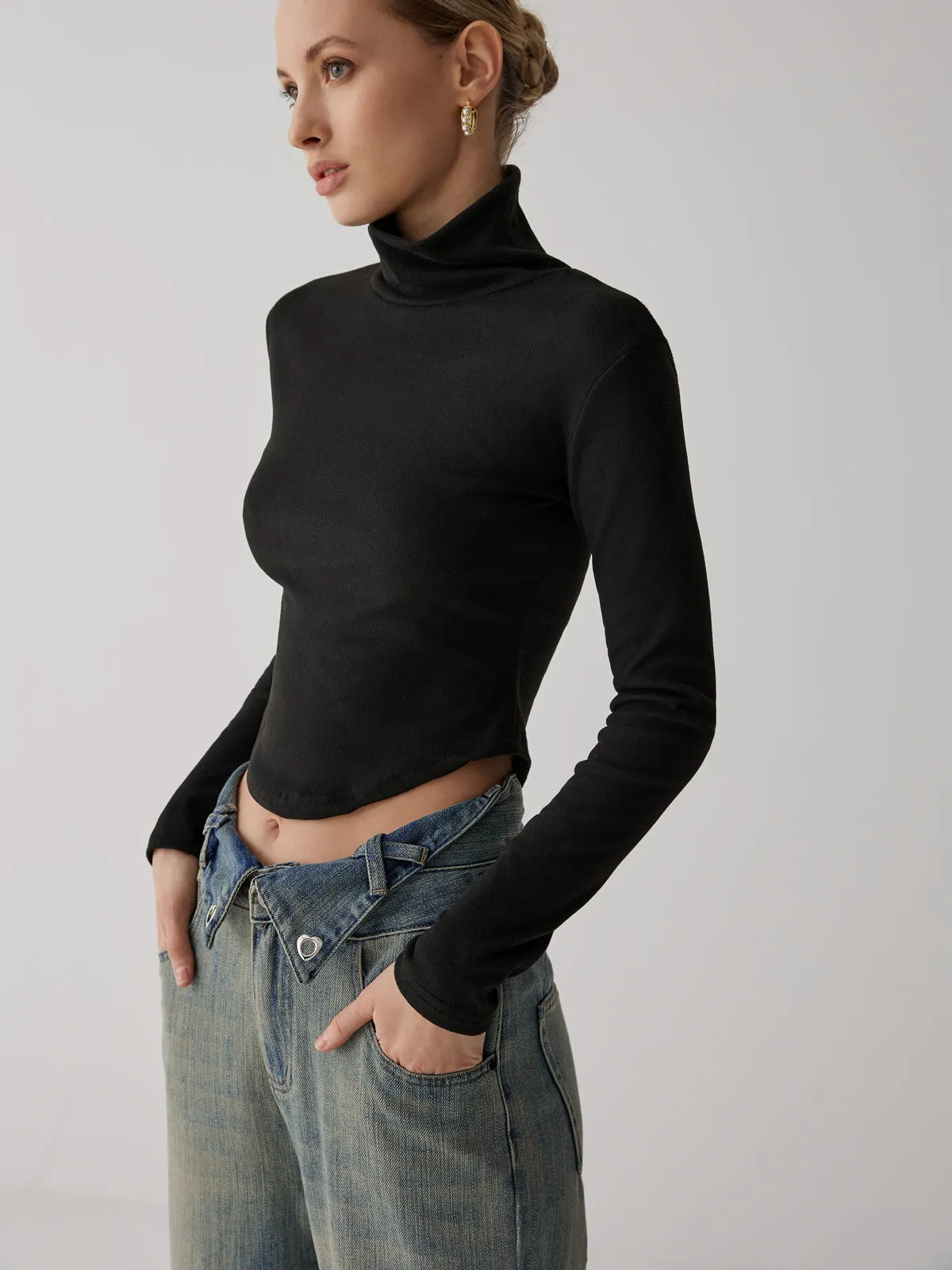 Solid High Collar Long sleeve Top sold by COMMENSE