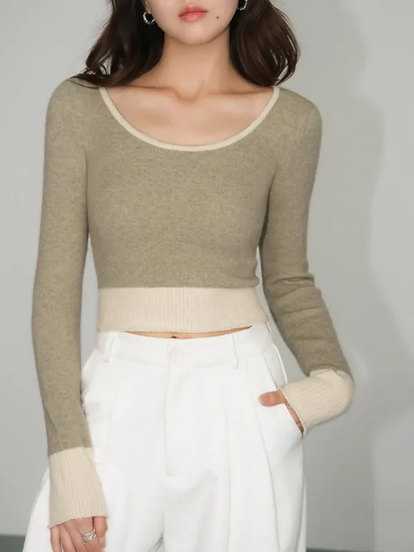 Contrast Hem Long Sleeve Crop Knit Top sold by COMMENSE