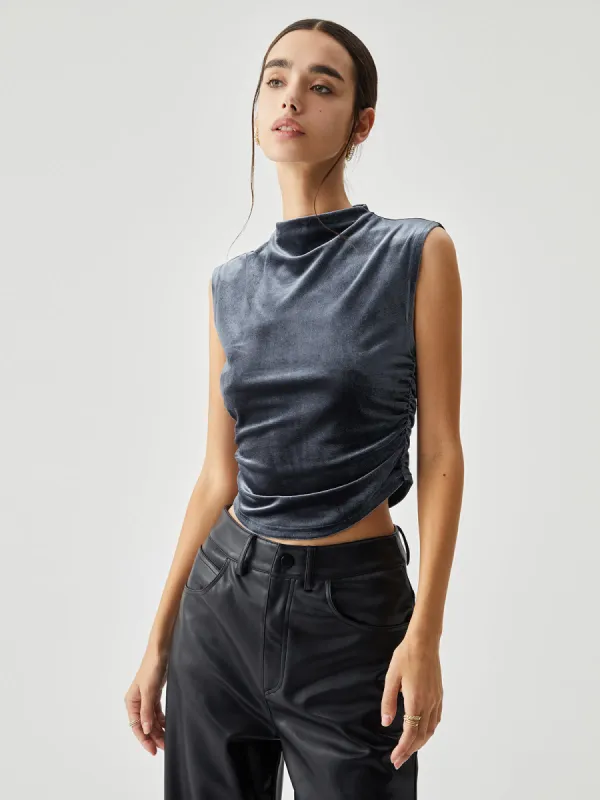 Velvet Draped Mock Neck Sleeveless Crop Top sold by COMMENSE