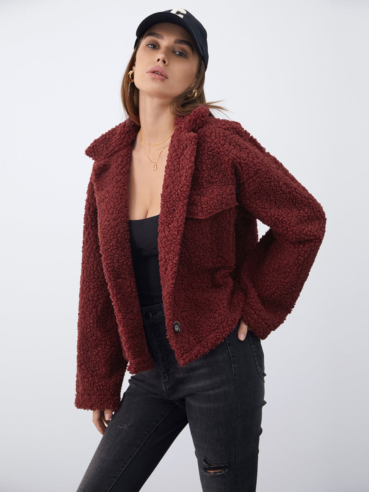 Button Front Teddy Sherpa Jacket sold by COMMENSE product image thumbnail 3