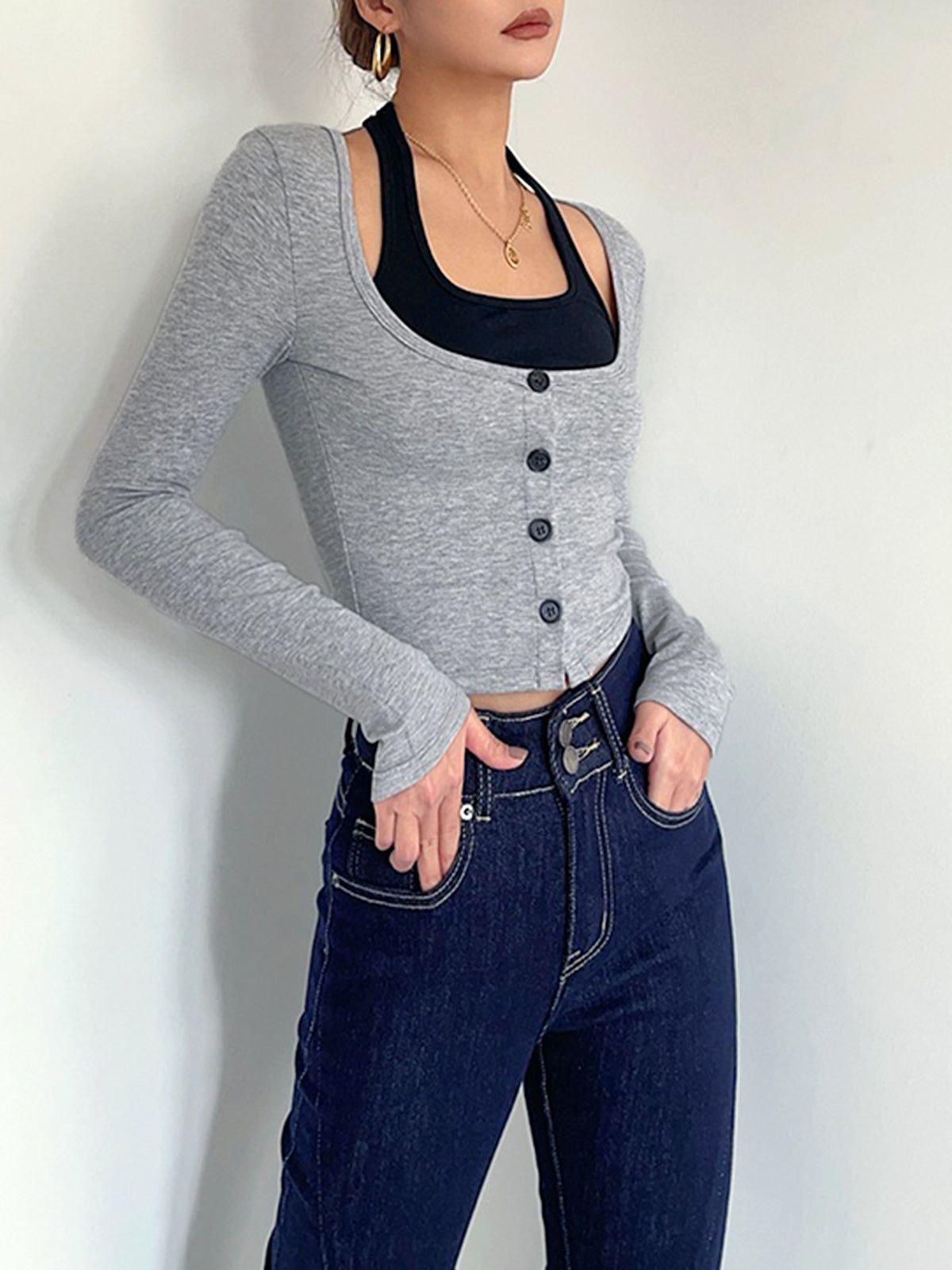 Button Down Halter Long Sleeve Crop Shirt sold by COMMENSE product image thumbnail 2