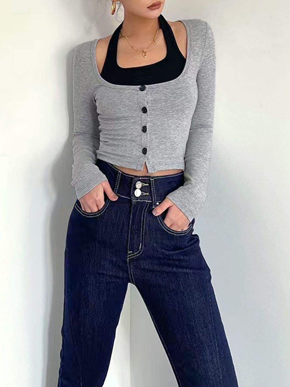 Button Down Halter Long Sleeve Crop Shirt sold by COMMENSE