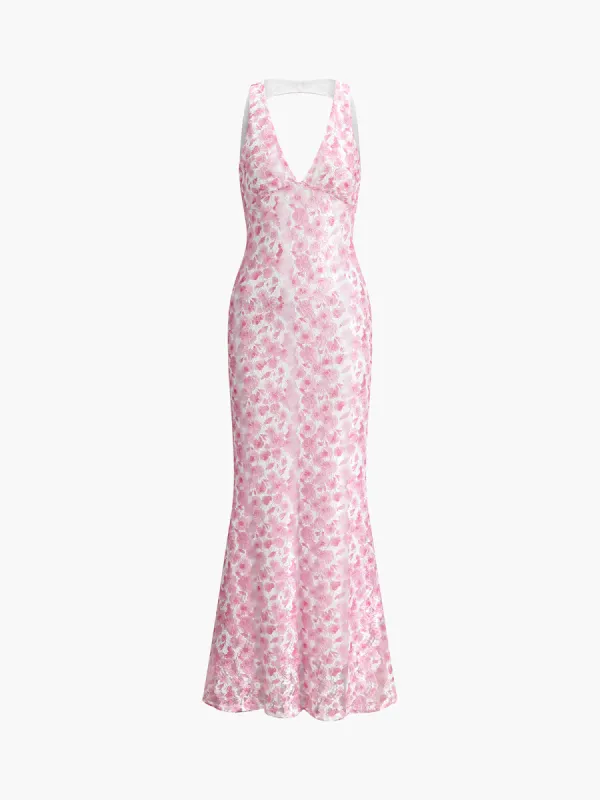 Cherry Blossom Halter Backless Long Dress sold by COMMENSE
