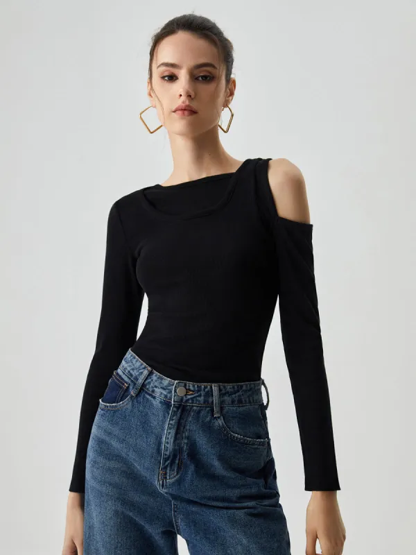 Asymmetrical Shoulder Cut Out Long Sleeve Solid Top sold by COMMENSE